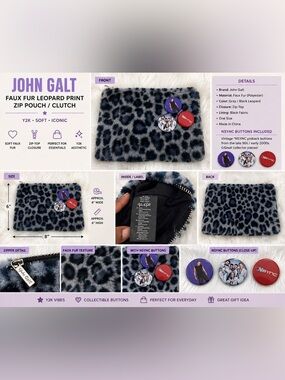 John Galt Faux Fur Leopard Print Zip Pouch Clutch Gray Black Y2K One Size